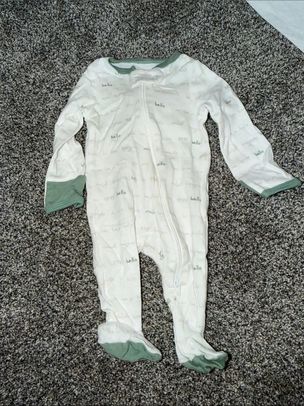 cloud island Cream One-Piece Footed Sleeper with Sage Trim